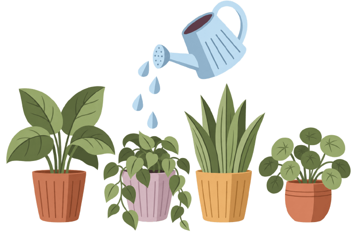 An illustration of a watering can watering a row of four potted plants at once