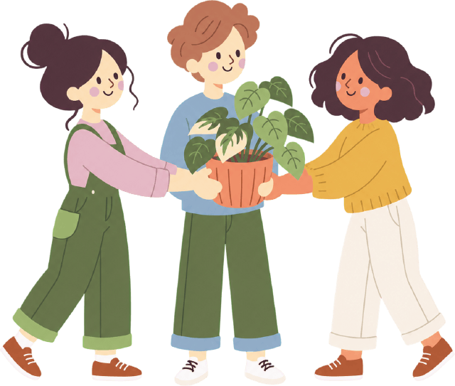 An illustration of three people passing a potted plant between them