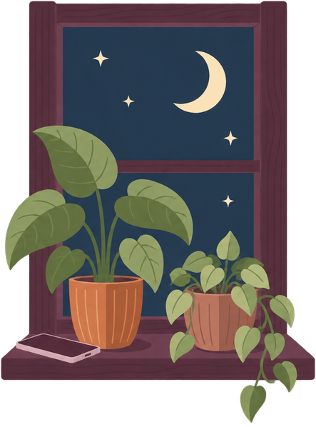 An illustration of two houseplants on a windowsill under a night sky