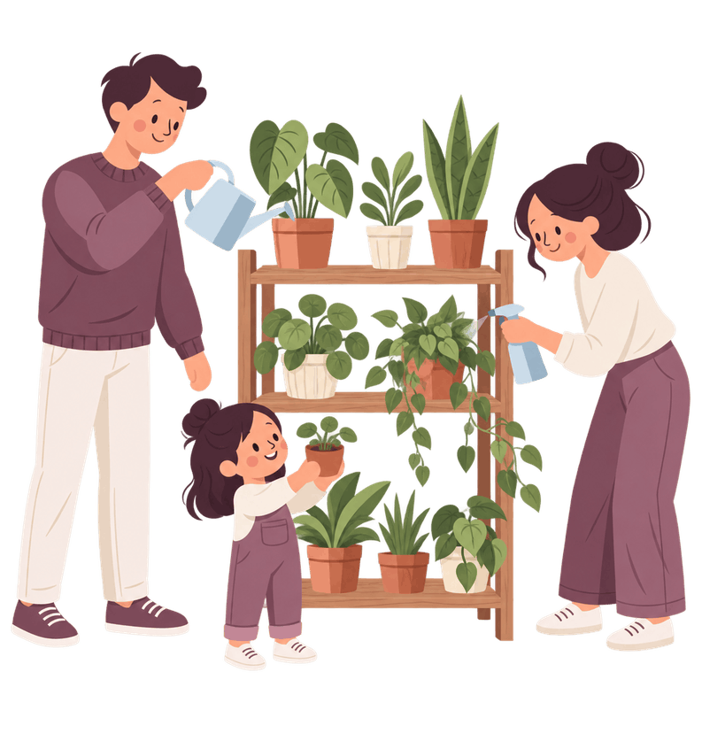 An illustration of two adults and a child watering and misting a shelf of houseplants together
