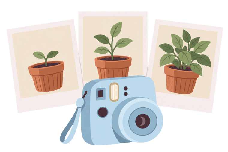 An illustration of an instant camera in front of three photos of the same plant, fuller in each one