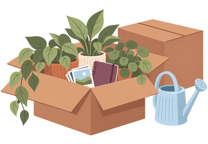 An illustration of an open moving box carrying potted plants, photos and a journal