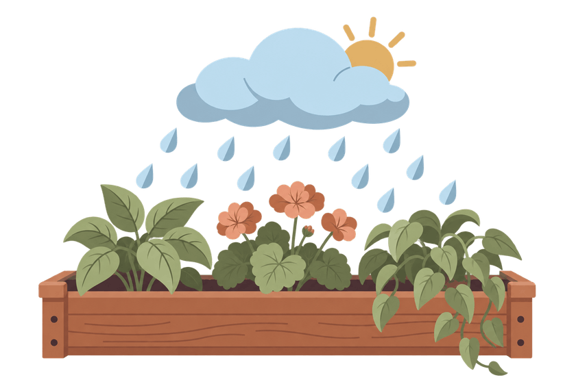 An illustration of a rain cloud watering a balcony planter box
