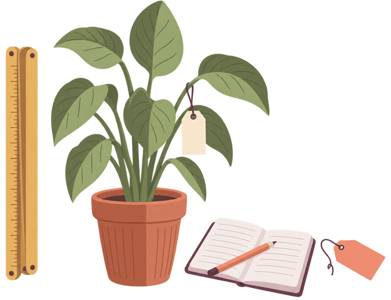 An illustration of a potted plant with a tag on its stem, a folding ruler beside it and an open notebook