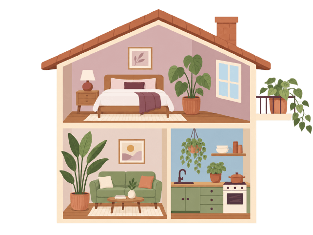 An illustration of a doll's-house cross-section with a plant in every room