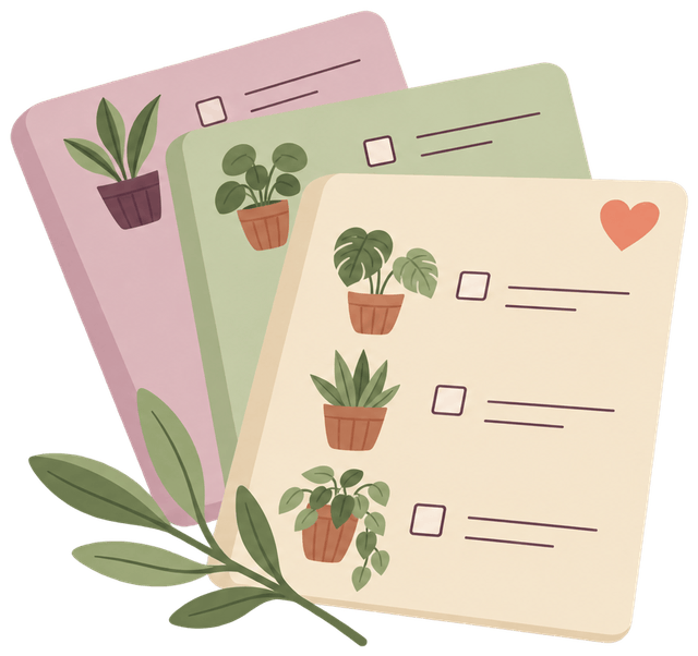 An illustration of three fanned-out plant wishlist cards, the front one marked with a heart and listing three potted plants