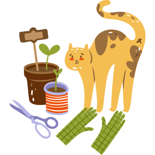 A illustration of a cat, scissors, gloves and two pots with plants