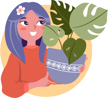 A illustration of a girl holding a pot with monstera